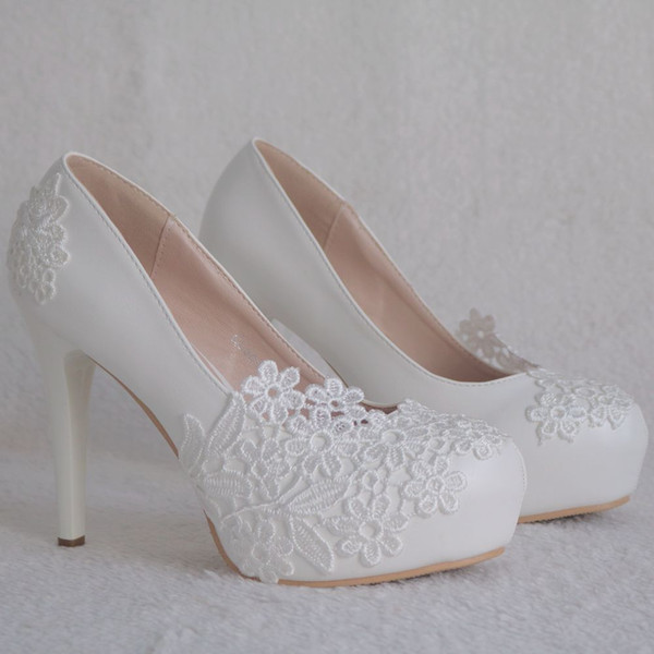 Crystal Queen Platform Lace flower White Wedding Shoes Women Pumps Party Dance Sexy High Heels Bridal Shoes