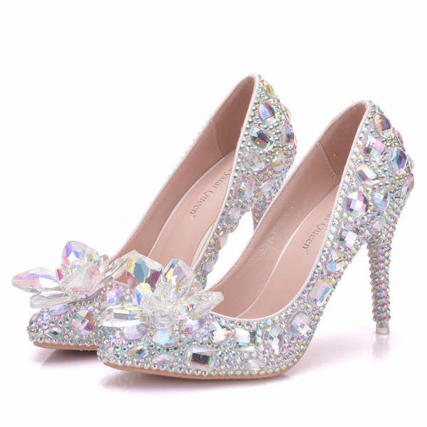 Crystal Quee Cinderella Glass Slipper With Money Pointed High-Heeled Fine With Rhinestone Sequins Glass Bridesmaid Wedding Shoes