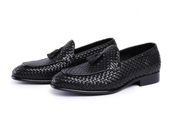 Spring summer genuine leather weave shoes men fashion tassel design wedding dress shoes pointed toe slip on breathable work shoe