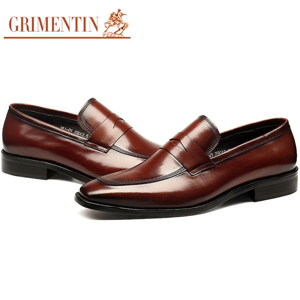 GRIMENTIN Genuine leather Men Loafers Italian Fashion Black Brown Mens Dress Shoes Pointed Toe Slip On Formal Business Mens Shoes YJ