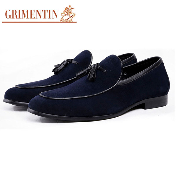 GRIMENTIN Hot Sale Mens Loafers Italian Fashion Tassel Slip-On Blue Casual Men Dress Shoes Suede Leather Formal Business Male Shoes