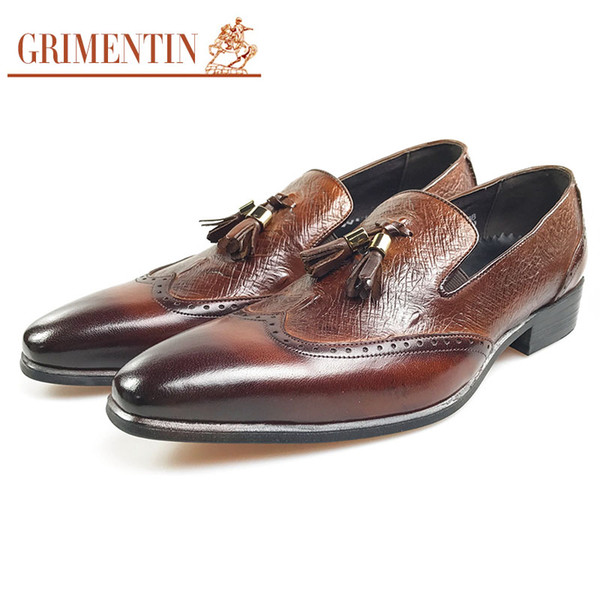 GRIMENTIN Hot sale Italian brown mens dress shoes fashion designer slip on tassel men loafers genuine leather business wedding male shoes SD