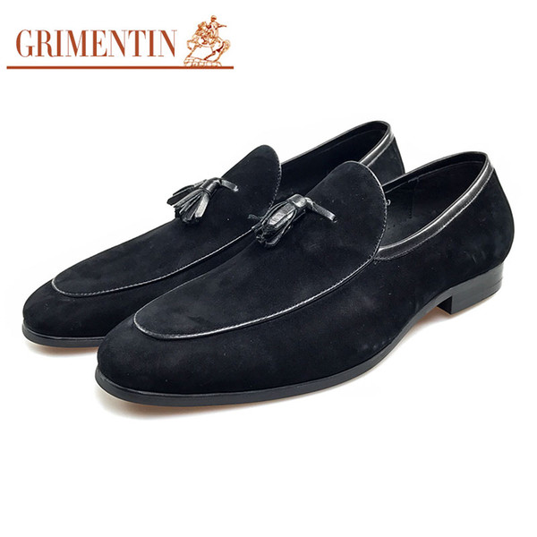 GRIMENTIN Hot sale Italian tassel slip-on men loafers fashion black blue mens dress shoes suede leather formal business wedding male shoes