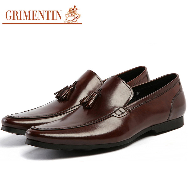 GRIMENTIN Summer Brown Mens Loafer Shoes 100% Genuine Leather Casual Slip On Tassel Fashion Designer Mens dress shoes Large size Male Shoes