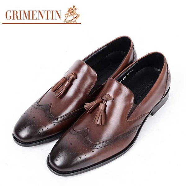 GRIMENTIN Hot Sale Brown Black Mens Loafers Genuine Leather Tassel Slip-On Business Dress Mens Formal Shoes Italian Fashion Mens Shoes WF