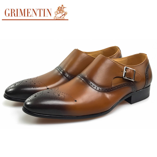 GRIMENTIN Hot sale genuine men leather shoes fashion brand brown buckle dress men oxford shoes Italian formal business wedding male shoes