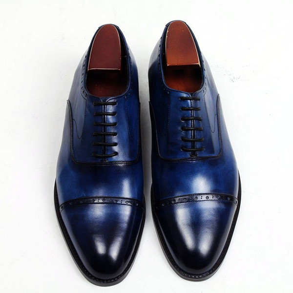 Men Dress shoes Oxford shoes Square toe Men's shoes Custom Handmade shoes Genuine calf leather Color dark Blue HD-N157