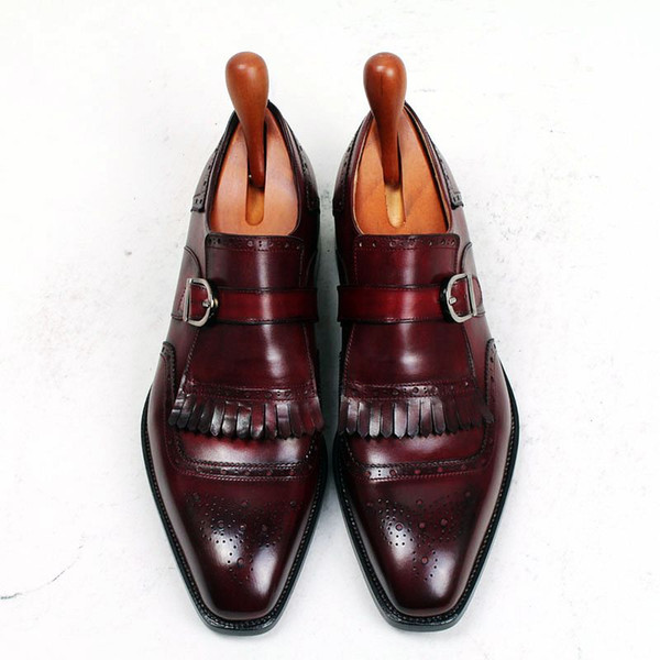 Men Dress shoes Oxford shoes Monk shoes Custom Handmade shoes Square toe with single strap Genuine calf leather Color burgundy HD-N176