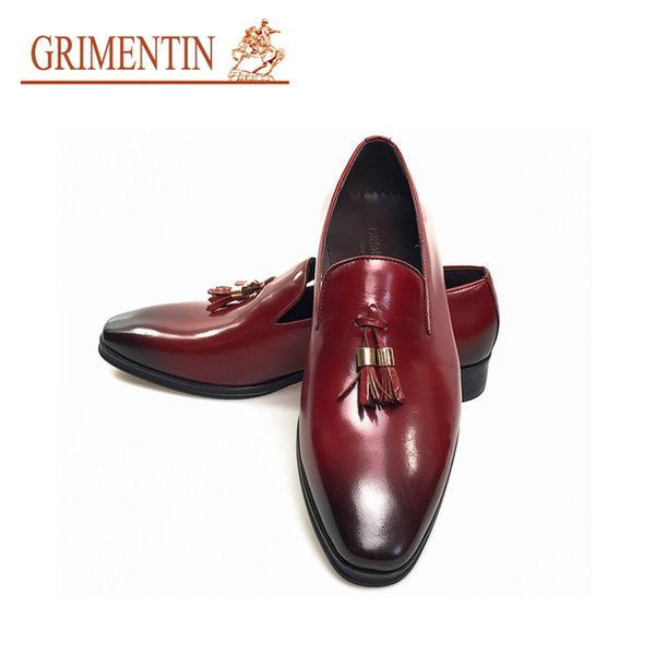 GRIMENTIN Hot sale men shoes Italian fashion wedding formal business mens dress shoes genuine leather brown-red black tassel men loafers