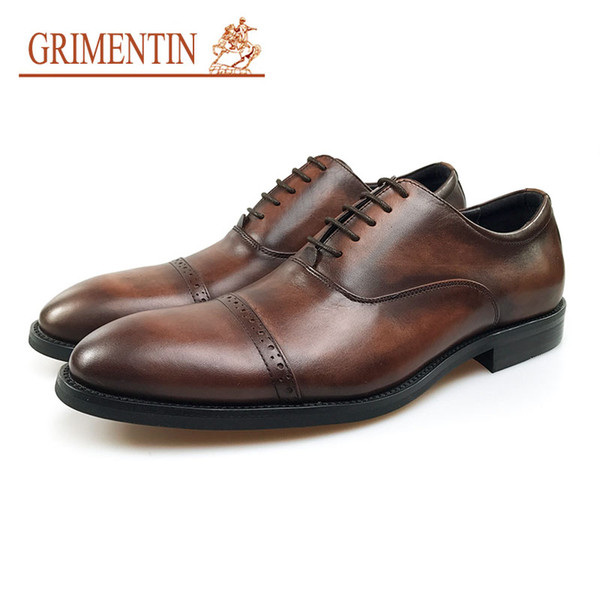 GRIMENTIN Italian Fashion Men Oxford Shoes Genuine Leather Brown Formal Business Wedding Mens Shoes Fashion Italian Men Leather Shoes JM