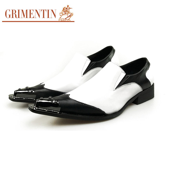 GRIMENTIN New Fashion Men Dress Shoes White-Black Metal Pointed Toe Genuine Leather Business Party Shoes Hot Sale Brand Shoes Size:38-45