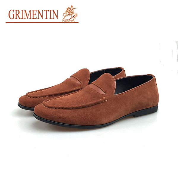 GRIMENTIN Hot sale brand mens loafers fashion designer suede leather brown black comfortable business shoes slip-on casual mens dress shoes