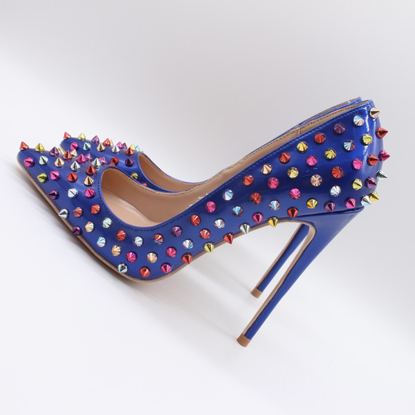 Real photo Fashion Women Royal Blue patent leather studded spikes rivets point toe Sexy High Heels Shoes Pumps 10cm stilettos