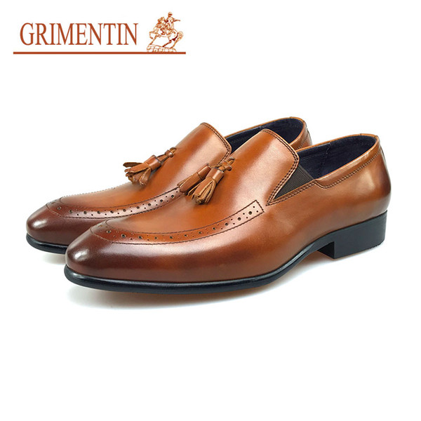 GRIMENTIN New hot sale brand slip-on men loafers Italian fashion brown formal mens dress shoes genuine leather wedding business male shoes