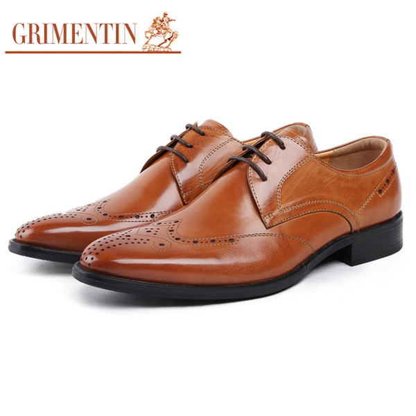 GRIMENTIN Hot Sale Mens Dress Shoes Italian Fashion Men Oxford Shoes 100% Genuine Leather Brown Formal Business Wedding Mens Shoes S