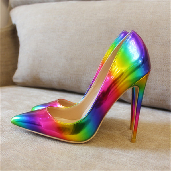 Free shipping fashion women pumps rainbow patent leather studded spikes rivets point toe high heels thin heel 12cm 10cm 8cm real leather