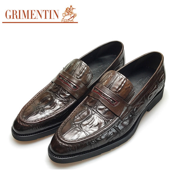 GRIMENTIN New hot sale brand men loafers Italian fashion brown slip on male dress shoes genuine leathe crocodile grain business male shoes