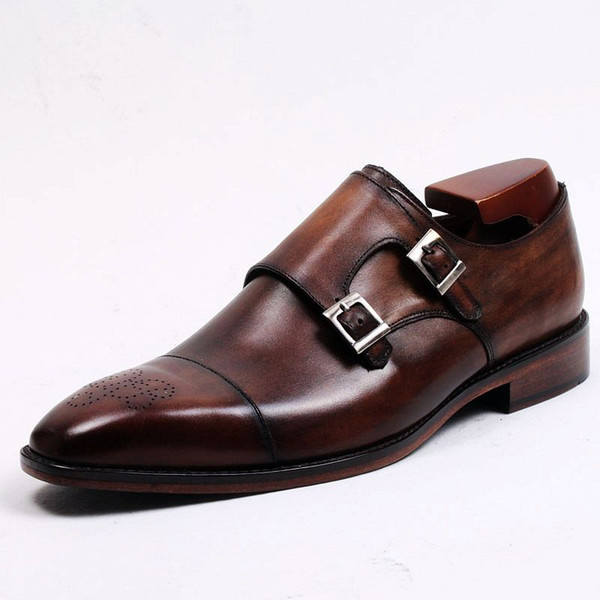Men Dress shoes Monk shoes Men's shoes Custom handmade shoes Genuine calf leather Color brown double buckles strap HD-058
