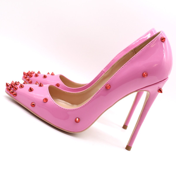 Free fashion women pumps Pink patent leather studded spikes point toe high heels cone heel shoes sandals thin heel