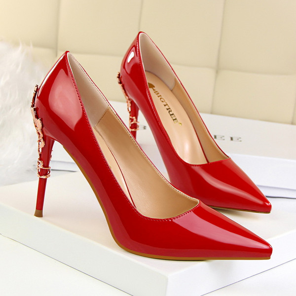 Fashion Lady Dress Shoes Sexy Women Pumps Heels PU Leather Metal High Heels Festival Party Wedding Shoes Slim Formal Pumps Heels GWS255