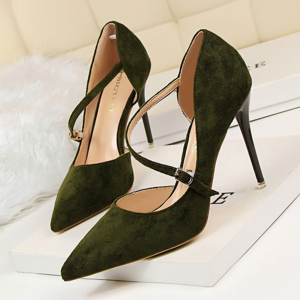 Buckle Strap Lady Dress Shoes Sexy Women Pumps Heels Suede Pointed Toe Thin High Heels Festival Party Wedding Shoes Formal Pumps GWS138