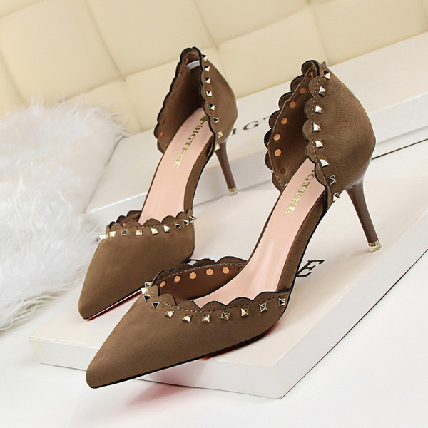 Fashion Rivets Lady Dress Shoes Sexy Women Pumps Heels Suede Pointed Toe Thin High Heels Festival Party Wedding Shoes Formal Pumps GWS140