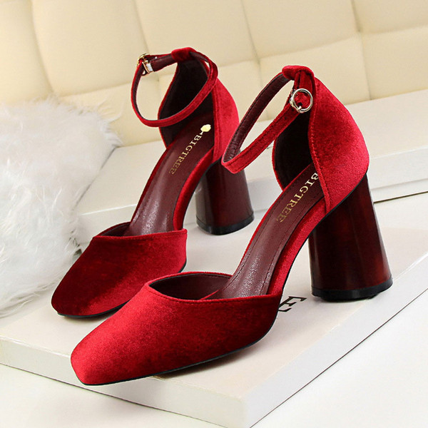 Buckle Strap Lady Dress Shoes Women Pumps Heels Suede Square Toe Chunky High Heels Festival Party Shoes Business Formal Pumps GWS151