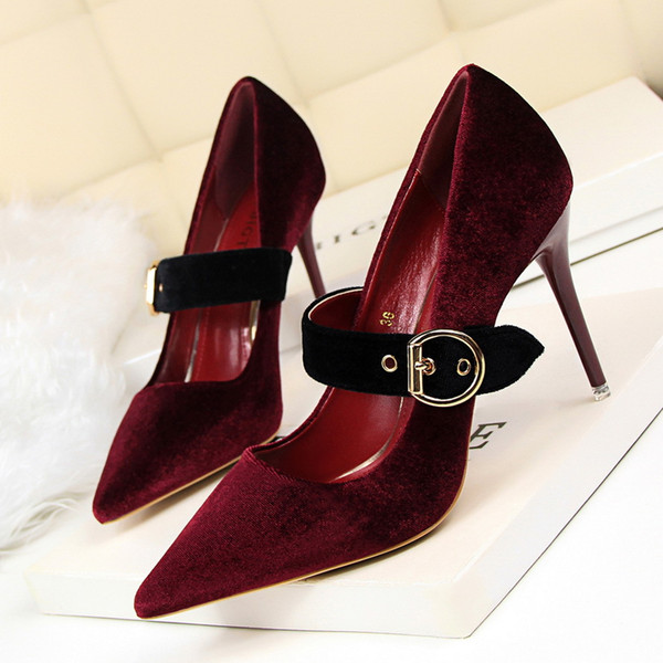 New Buckle Lady Dress Shoes Sexy Women Pumps Heels Suede Pointed Toe Thin High Heels Festival Party Wedding Shoes Formal Pumps GWS099