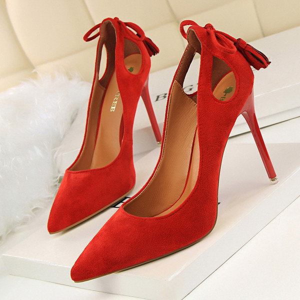 Elegant Bowtie Tassels Lady Dress Shoes Sexy Women Pointed Toes High Heels Suede Festival Party Wedding Shoes Slim Formal Pumps W16S124