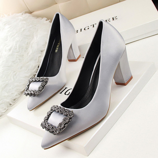 Elegant Rhinestone Lady Dress Shoes Sexy Women Pointed Toes High Heels Satin Festival Party Wedding Shoes Slim Formal Pumps W16S125