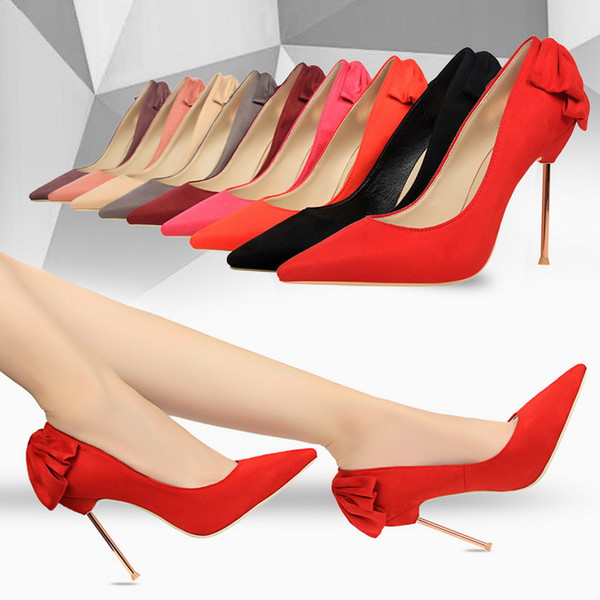 9 Colors Bowtie Lady Dress Shoes Sexy Women Pointed Toes High Heels Suede Festival Party Wedding Shoes Formal Pumps Loafers W16S129