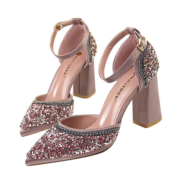 Rhinestone Metal Chain High Heels Lady Dress Shoes Women Heels Pumps Festival Party Wedding Shoes Heels Chunky Formal Pumps Sandals GWS522