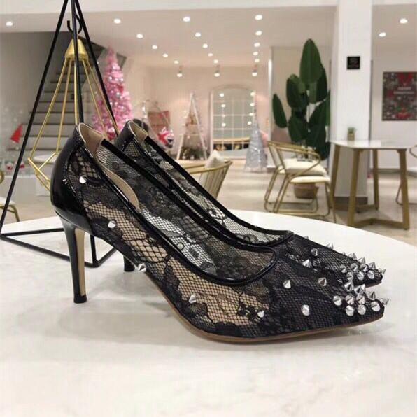 blingbling women shoes high heels stilettos Black lace mesh studded spikes point toe sexy high heel pumps party shoes wedding pumps