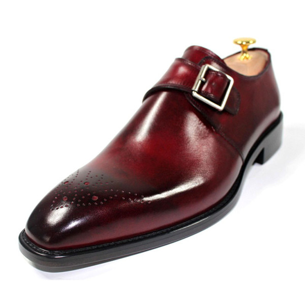 Men Dress shoes Custom handmade shoes Monk shoes genuine calf leather color Burgundy buckle Strap HD-J027