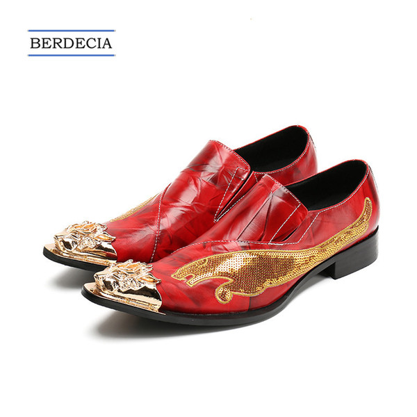 Luxury Designer Brand Fashion Men Shoes Genuine Leather Metal Toe Wedding Dress Shoes Plus Size Glitter Party Male Formal Shoes 38-47