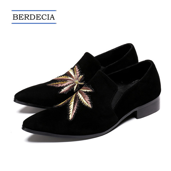 Designer Luxury Plus Size Brand Embroidery Men Loafers Pointed Toe Business Wedding Dress Shoes Suede Leather Party Formal Shoes 38-47