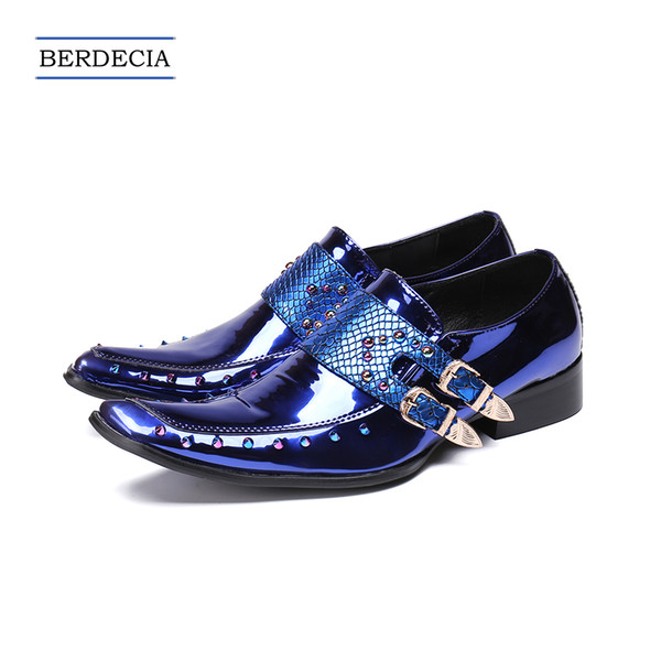 Designer Luxury Blue Genuine Leather Sequins Men Shoes Wedding Shoes for Men Prom Party Handmade Buckle Shoes Plus Size 38-47