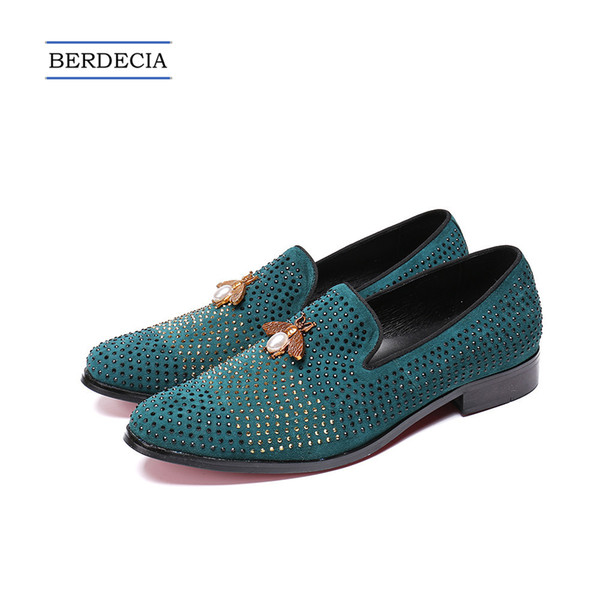 Luxury New Italian Men Suede Leather Shoes Wedding Party Men Formal Shoes Rhinestone Dress Loafers Slip on Plus Size 38-47