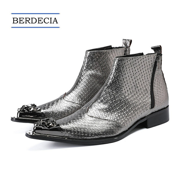 Designer Luxury British Silver Men Ankle Boots Genuine Leather Dress Boots Winter Pointed Toe Motorcycle Boots Plus Size Shoes 38-47