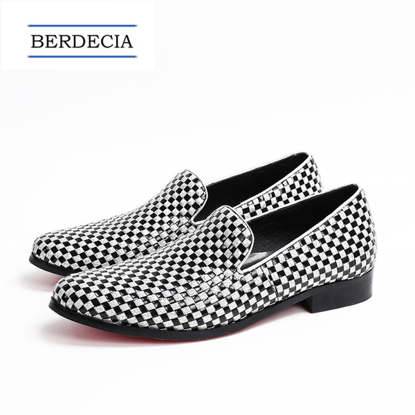 Designer Fashion Black White Plaid Men Loafers British Style Genuine Leather Men Flats Shoes Slip on Casual Shoes Big Size 38-47