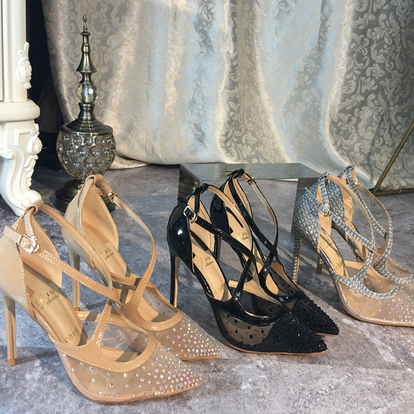 Casual Designer Sexy lady fashion mesh nude strass Criss Cross strappy point toe high heels pumps Stiletto heeled 12cm 10cm 8cm brand new