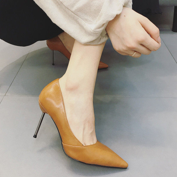 Women solid dress shoes Ladies slip on high heels pointed toe pumps Euro simple patent office lady shoes zy2334