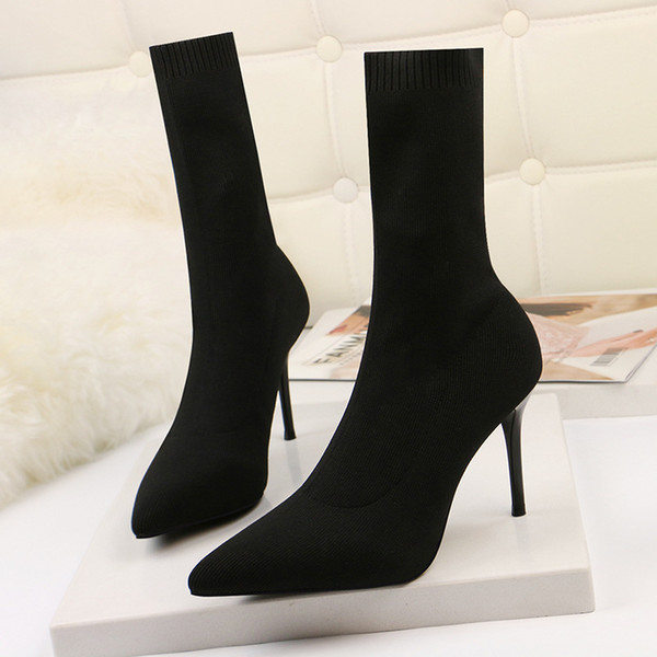 Sock shoes for Women Ladies solid high heel boots slip-on pointed toes pumps cloth apricot shoes black shoes for women dress shoe zy272