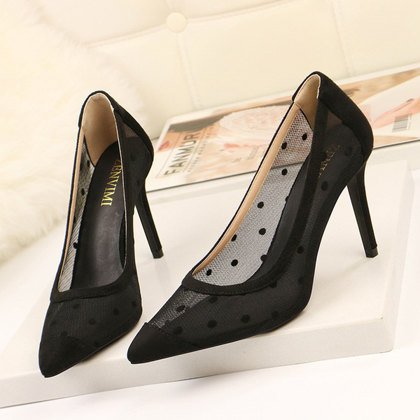 Hot Women stiletto heel shoes women Lace high heels slip-on pointed toe pumps Euro black perspective shoes for ladies zy284