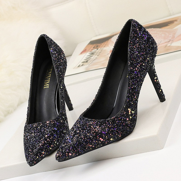 Glitter Women stiletto heel shoes Ladies glitters high heels slip-on pointed toe pumps Euro shining colour shoes lady dress shoes zy270