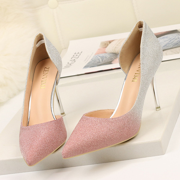 Side empty Women stiletto lear side shoes Ladies glitter high heels slip-on pointed toes pumps Euro gradient shoes lady dress shoes zy271