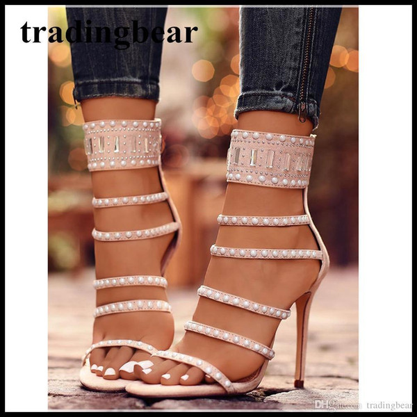 Sexy2019 Beaded Rhinestone Open Toe Single Sole High Heels Ladies Party Club Shoes 2 Colors Size To