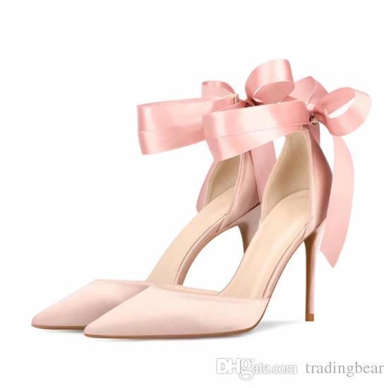 Sexy2019 Sweet Bowtie Ankle Wrap Satin Shoes Pointed High Heels Beige Pink Size To