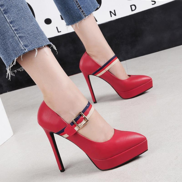 Sexy2019 EU Size 34-39 Lady Designer Dress Shoes Pop Pointed Toe 13cm Platform High Heels Women's Shoes 4 Colors Leather Pumps 2759-10