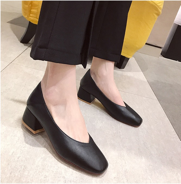 Retro Square Head Single Shoes 2019 Spring and Autumn Soft Medium-heeled Korean Rough-heeled Internet celebrity High-heeled shoes